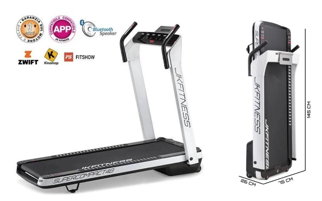 Tapis Roulant Jk Fitness Supercompact 48 Compatibili Zwift E Kinomap - Velocità 16 Km/h - Motore 2.0 Hp - Peso Max Utente 120 Kg Cod.sc-48 White
