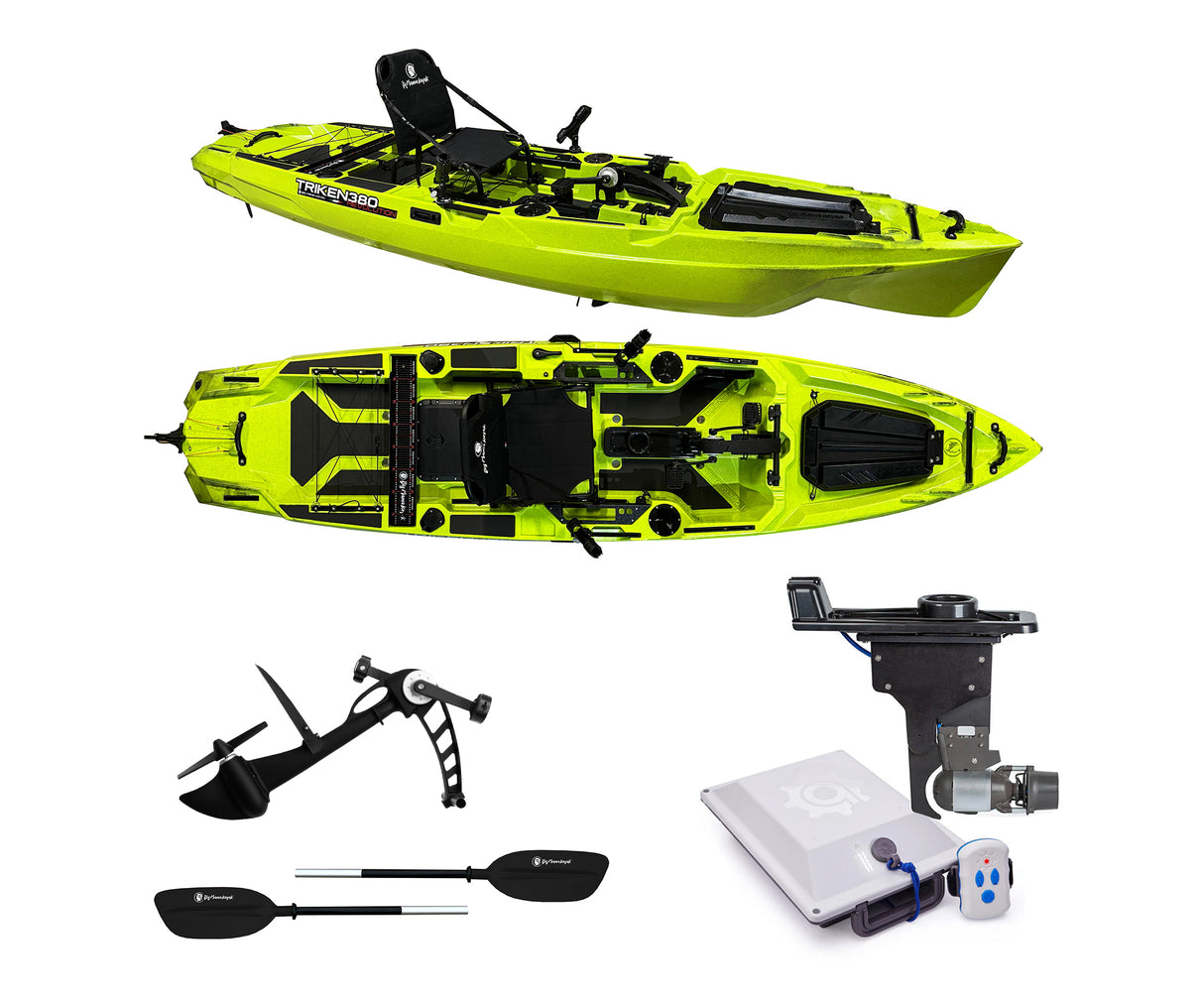 BIG MAMA KAYAK A PEDALI TRIKEN 380 Revolution + motore elettrico BIXPY K1 Outboard Kit con batteria PP-378 Wh v4 + Adattatore centrale Hoodoo Pedal Drive