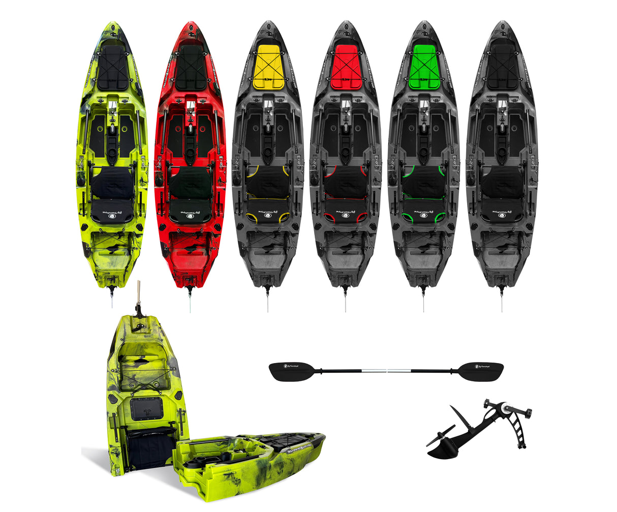canoa monoposto divisibile a pedali con elica BIG MAMA KAYAK TRIKEN 330 LIVE S componibile + motore Bixpy K1 Outboard Kit con batteria PP-378 Wh v4 + Adattatore centrale vano copripedali