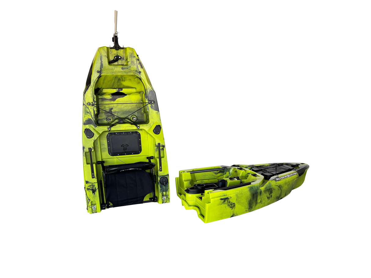 canoa monoposto divisibile a pedali con elica BIG MAMA KAYAK TRIKEN 330 LIVE S componibile + motore Bixpy K1 Outboard Kit con batteria PP-378 Wh v4 + Adattatore centrale vano copripedali