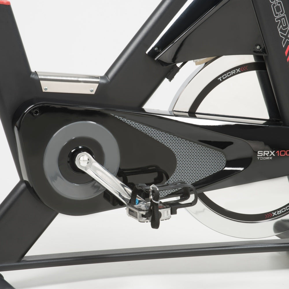 Gym Bike SRX-100 Ricevitore Wireless e Fascia Cardio Inclusa Linea Toorx Chrono Line Trasmissione a cinghia Massa volanica peso 26 kg Peso massimo utilizzatore 150 kg bike da spinning