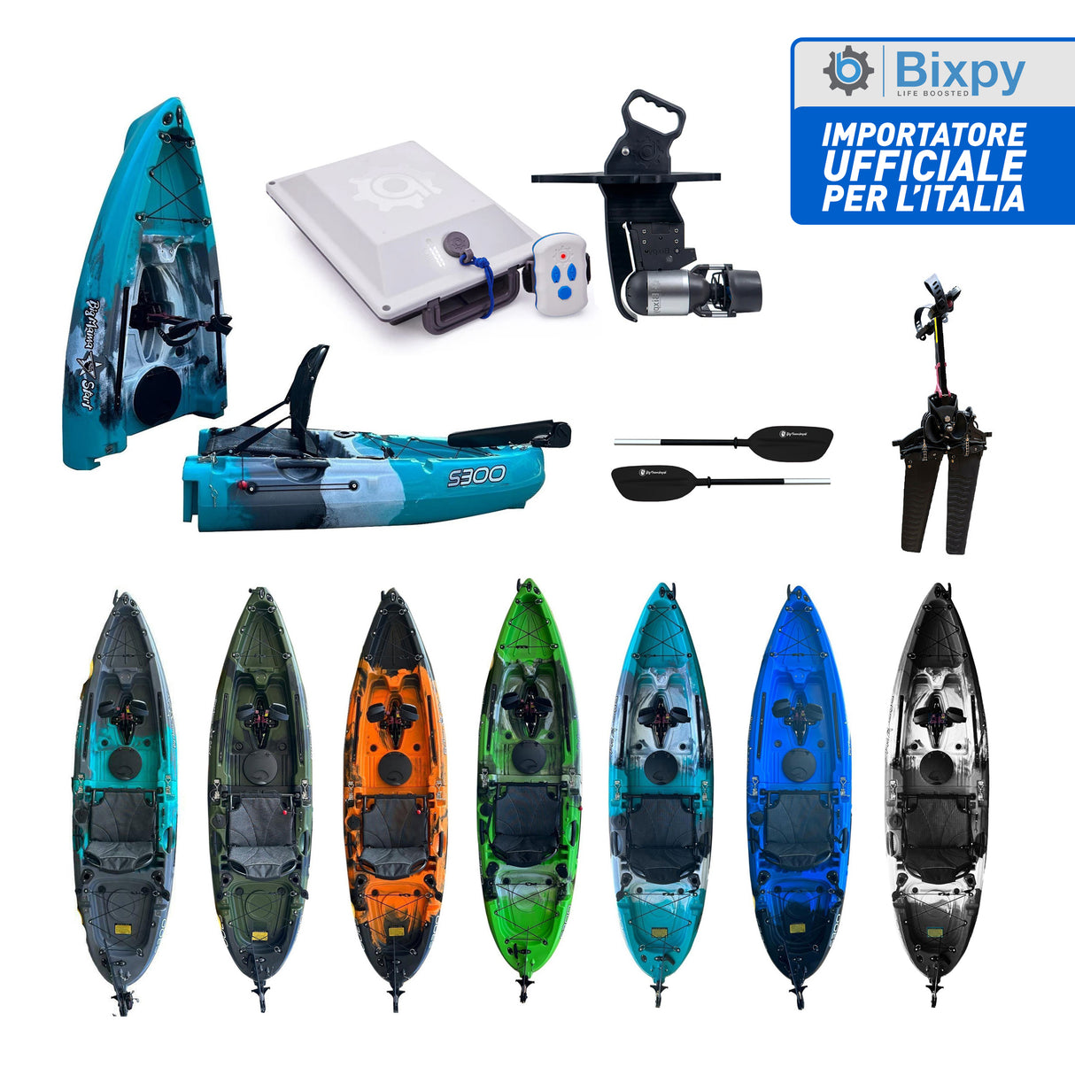 Kayak divisibile a pedali con pinne BIG MAMA START S300 monoposto componibile + motore BIXPY K1 Outboard Kit con batteria PP-378 Wh v4 + Adattatore Low Profile Thruhull Pedal Drive
