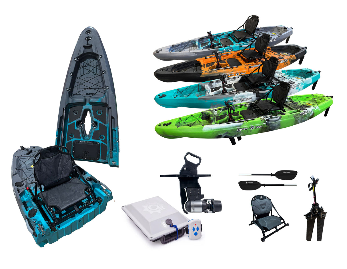 Kayak monoposto divisibile a pedali con pinne BIG MAMA START S500 componibile + motore Bixpy K1 Outboard Kit con batteria PP-378 Wh v4 + Adattatore Low Profile Thruhull Pedal Drive