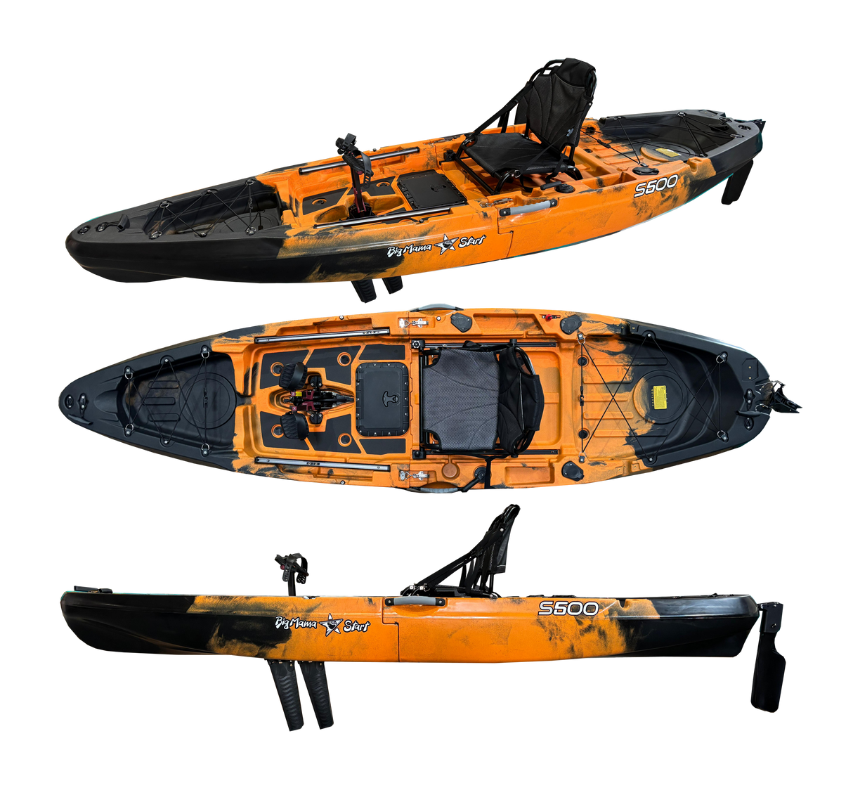 Kayak monoposto divisibile a pedali con pinne BIG MAMA START S500 componibile + motore Bixpy K1 Outboard Kit con batteria PP-378 Wh v4 + Adattatore Low Profile Thruhull Pedal Drive