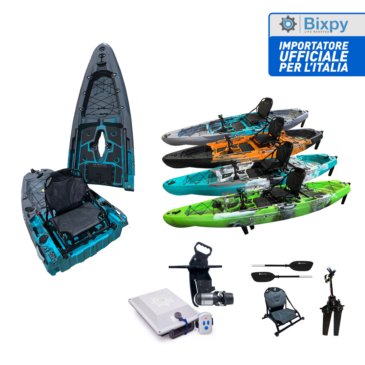 Kayak monoposto divisibile a pedali con pinne BIG MAMA START S500 componibile + motore Bixpy K1 Outboard Kit con batteria PP-378 Wh v4 + Adattatore Low Profile Thruhull Pedal Drive
