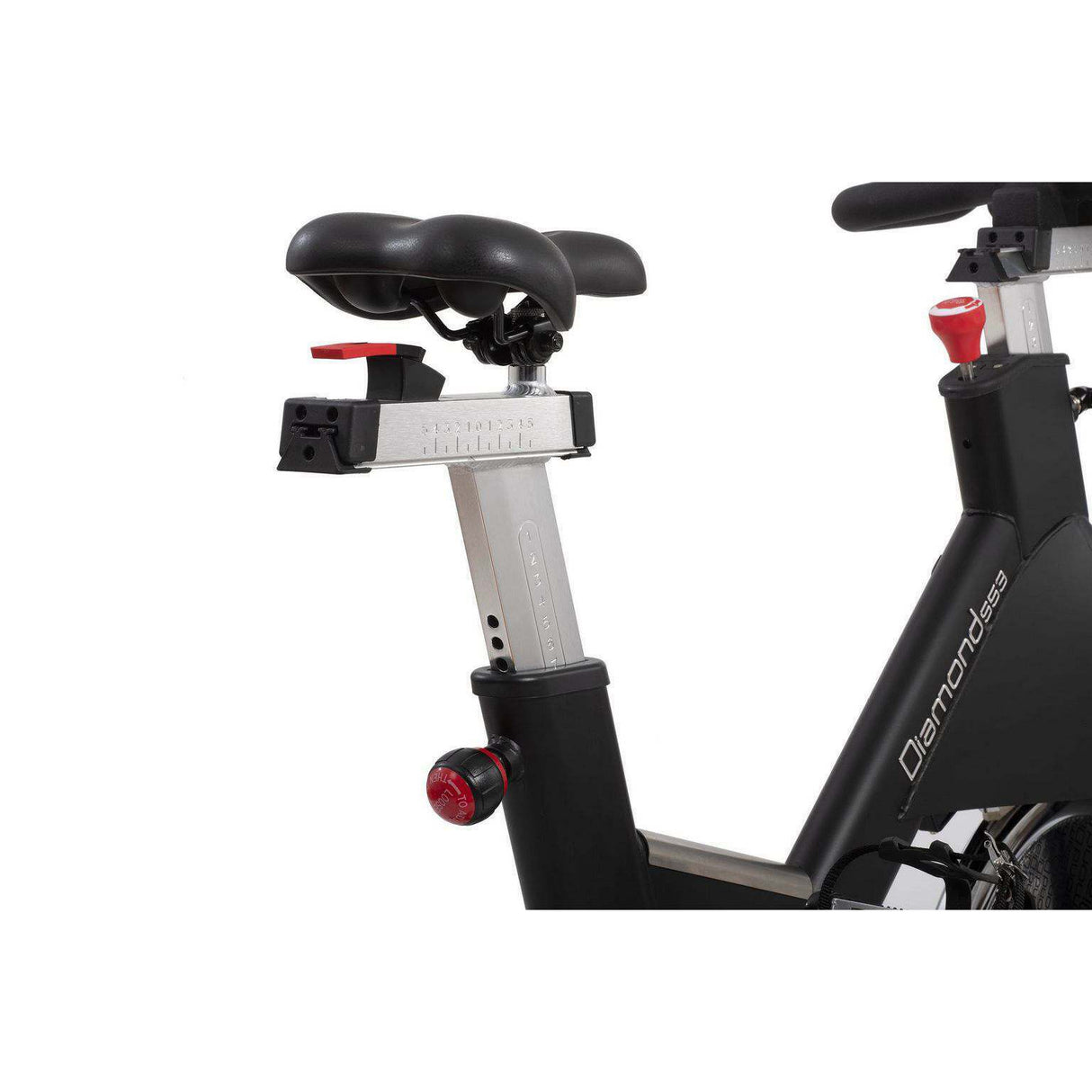 Indoor bike S53 Diamond Fitness monta un volano di massa pari a 25 kg - regolabile in verticale su 12 livelli (step 1,5 cm) e in orizzontale micrometricamente