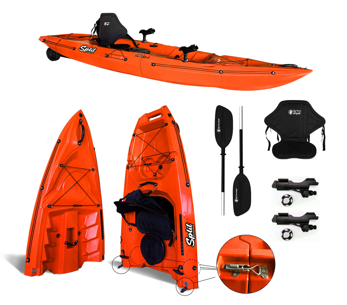 kayak divisibile Split 1 Fishing Big Mama kayak, canoa modulare, si monta in 30 secondi, con 2 portacanne (arancio)