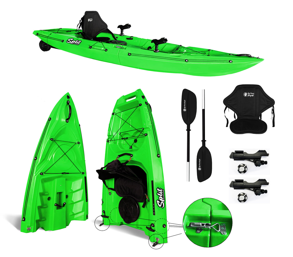 kayak divisibile Split 1 Fishing Big Mama kayak, canoa modulare, si monta in 30 secondi, con 2 portacanne (verde)