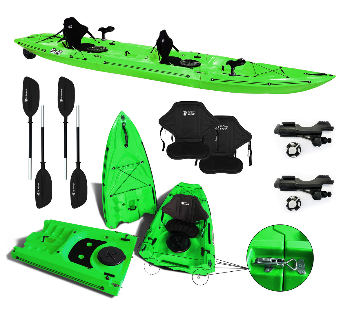 kayak componibile Split 2 Fishing Big Mama kayak, canoa biposto modulare, si monta in 30 secondi, 2 portacanne (verde)