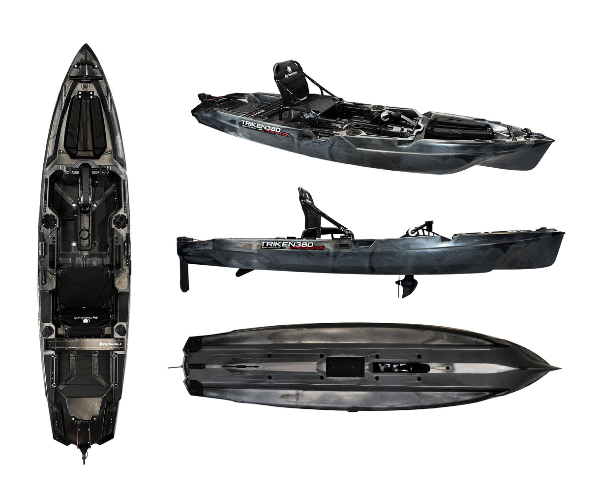 BIG MAMA KAYAK A PEDALI TRIKEN 380 Revolution + motore elettrico BIXPY K1 Outboard Kit con batteria PP-378 Wh v4 + Adattatore centrale Hoodoo Pedal Drive