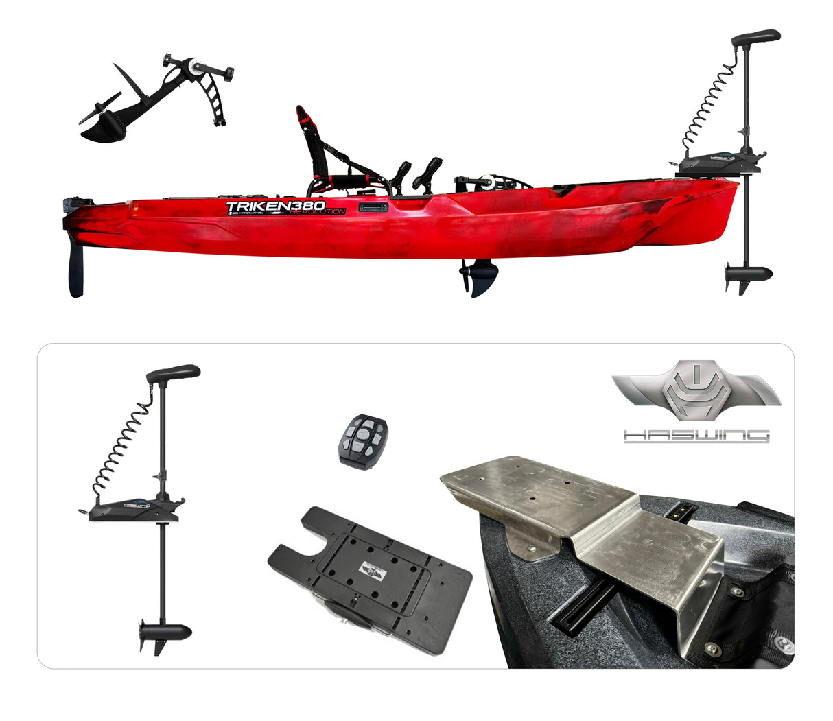 BIG MAMA KAYAK A PEDALI TRIKEN 380 Revolution con Pulpito Inox + Piastra sgancio rapido + motore HASWING Cayman 55lb cod. HSW50743_152 funzione ancora e GPS per MARE e LAGO