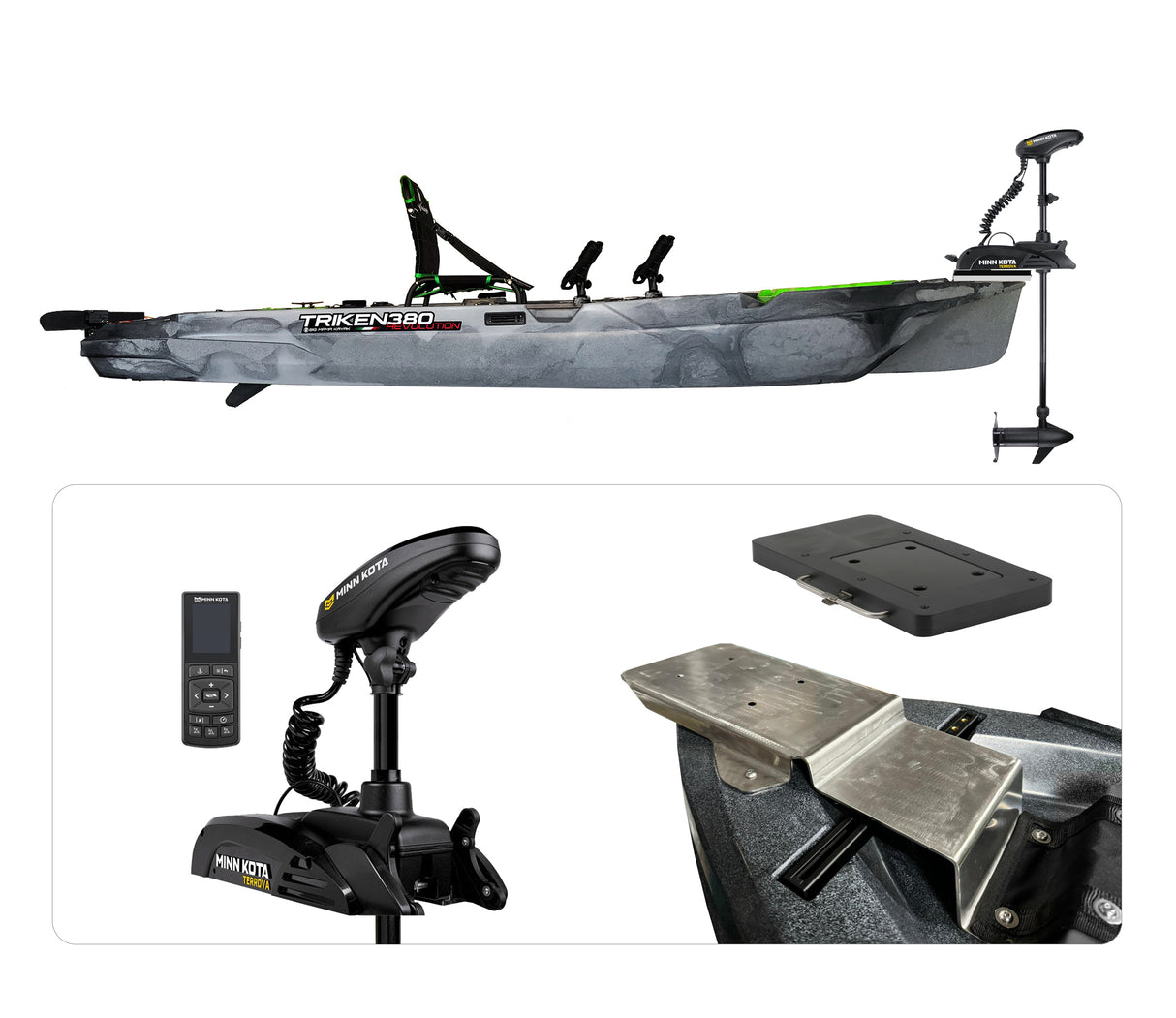 BIG MAMA KAYAK A PEDALI TRIKEN 380 + Motore Minn Kota TERROVA WR 55lb, GPS SpotLock, Autopilota + Pulpito inox + Piastra sgancio rapido
