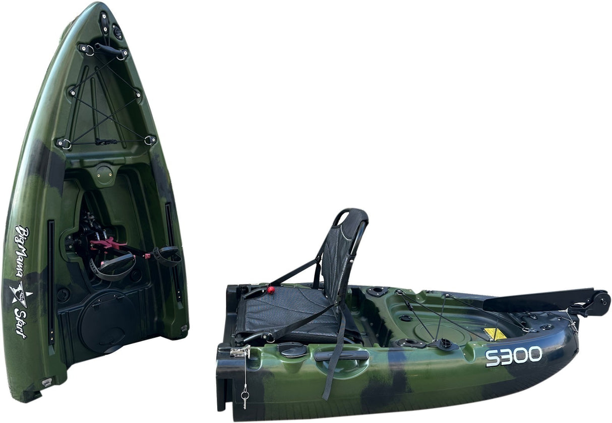 Kayak divisibile a pedali con pinne BIG MAMA START S300 monoposto componibile + motore BIXPY K1 Outboard Kit con batteria PP-378 Wh v4 + Adattatore Low Profile Thruhull Pedal Drive