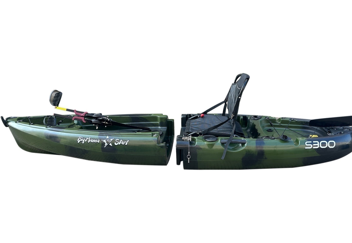 Kayak divisibile a pedali con pinne BIG MAMA START S300 monoposto componibile + motore BIXPY K1 Outboard Kit con batteria PP-378 Wh v4 + Adattatore Low Profile Thruhull Pedal Drive