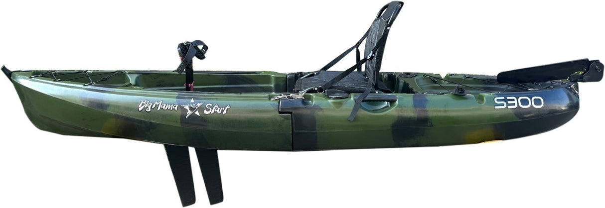 Kayak divisibile a pedali con pinne BIG MAMA START S300 monoposto componibile + motore BIXPY K1 Outboard Kit con batteria PP-378 Wh v4 + Adattatore Low Profile Thruhull Pedal Drive