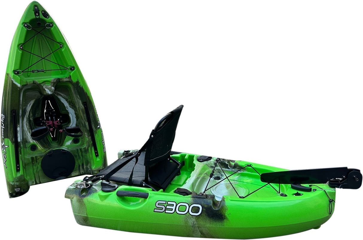 Kayak divisibile a pedali con pinne BIG MAMA START S300 monoposto componibile + motore BIXPY K1 Outboard Kit con batteria PP-378 Wh v4 + Adattatore Low Profile Thruhull Pedal Drive
