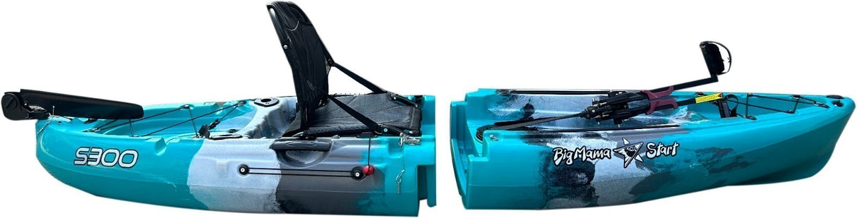 Kayak divisibile a pedali con pinne BIG MAMA START S300 monoposto componibile + motore BIXPY K1 Outboard Kit con batteria PP-378 Wh v4 + Adattatore Low Profile Thruhull Pedal Drive