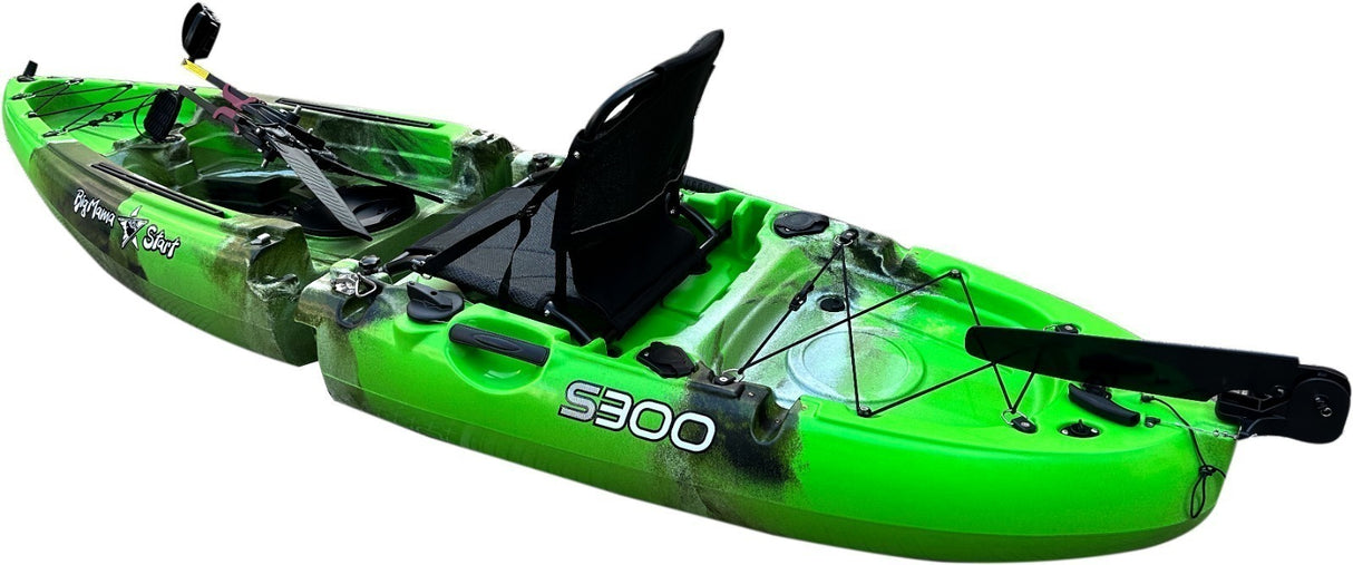Kayak divisibile a pedali con pinne BIG MAMA START S300 monoposto componibile + motore BIXPY K1 Outboard Kit con batteria PP-378 Wh v4 + Adattatore Low Profile Thruhull Pedal Drive