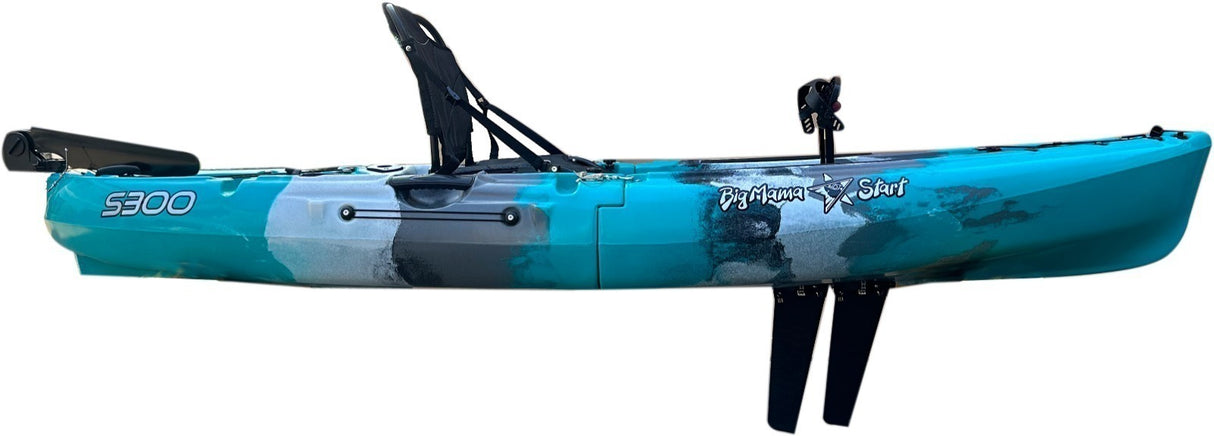 Kayak divisibile a pedali con pinne BIG MAMA START S300 monoposto componibile + motore BIXPY K1 Outboard Kit con batteria PP-378 Wh v4 + Adattatore Low Profile Thruhull Pedal Drive