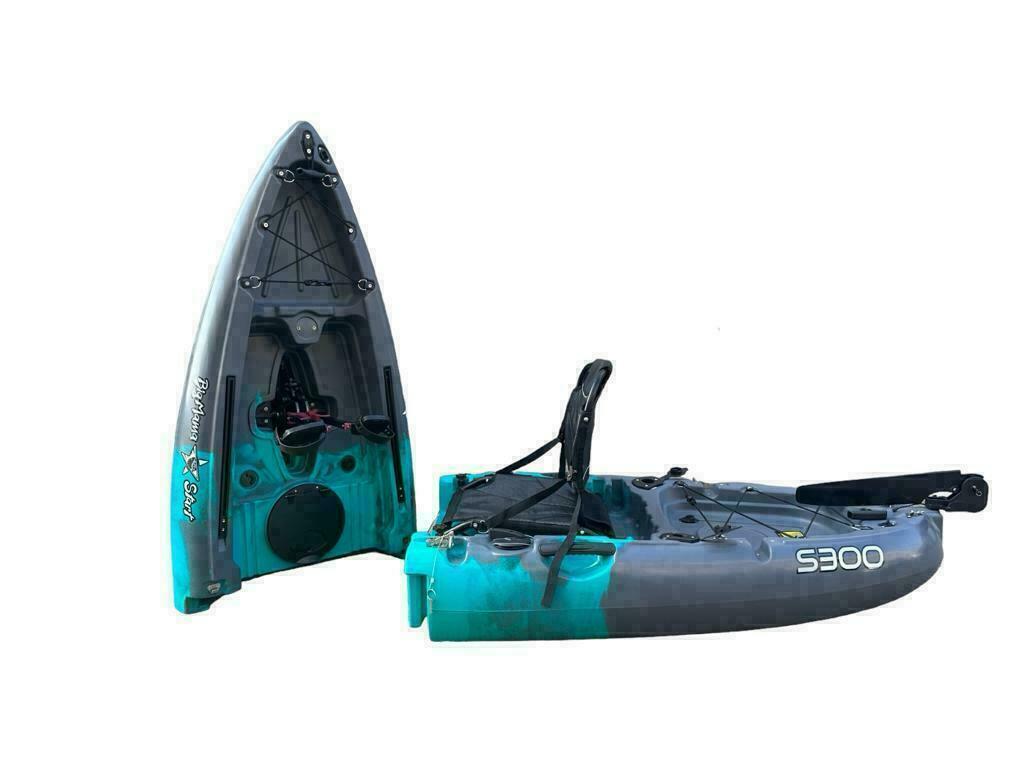 Kayak divisibile a pedali con pinne BIG MAMA START S300 monoposto componibile + motore BIXPY K1 Outboard Kit con batteria PP-378 Wh v4 + Adattatore Low Profile Thruhull Pedal Drive