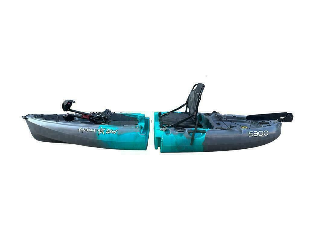 Kayak divisibile a pedali con pinne BIG MAMA START S300 monoposto componibile + motore BIXPY K1 Outboard Kit con batteria PP-378 Wh v4 + Adattatore Low Profile Thruhull Pedal Drive