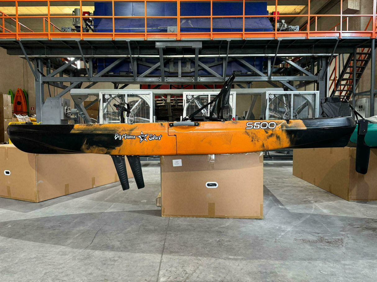 Kayak monoposto divisibile a pedali con pinne BIG MAMA START S500 componibile + motore Bixpy K1 Angler PRO Kit Outboard con batteria inclusa PP-768 Wh + Adattatore Low Profile Thruhull Pedal Drive