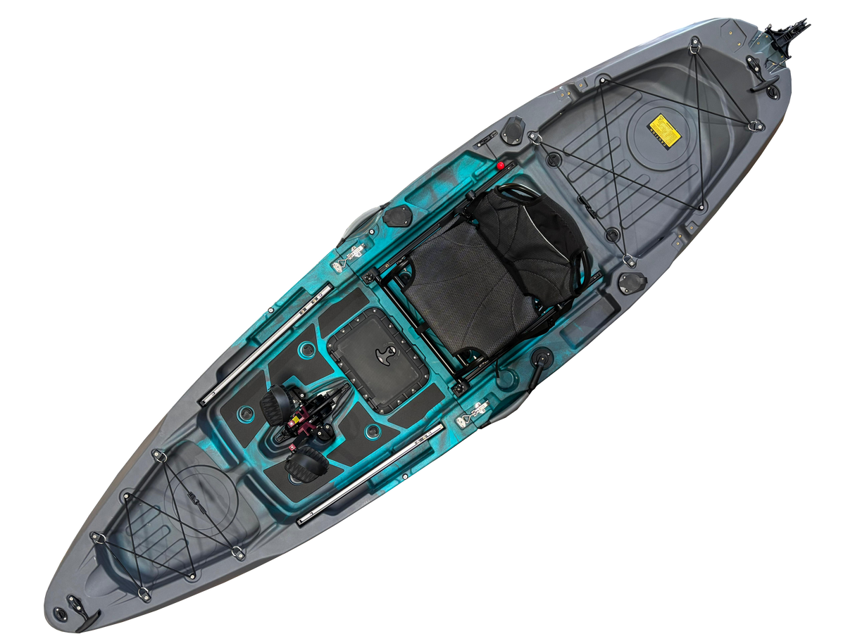 Kayak monoposto divisibile a pedali con pinne BIG MAMA START S500 componibile + motore Bixpy K1 Angler PRO Kit Outboard con batteria inclusa PP-768 Wh + Adattatore Low Profile Thruhull Pedal Drive