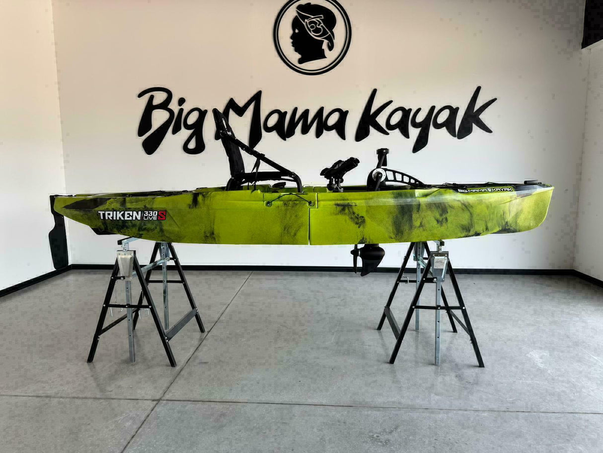 canoa monoposto divisibile a pedali con elica BIG MAMA KAYAK TRIKEN 330 LIVE S componibile + motore Bixpy K1 Outboard Kit con batteria PP-378 Wh v4 + Adattatore centrale vano copripedali