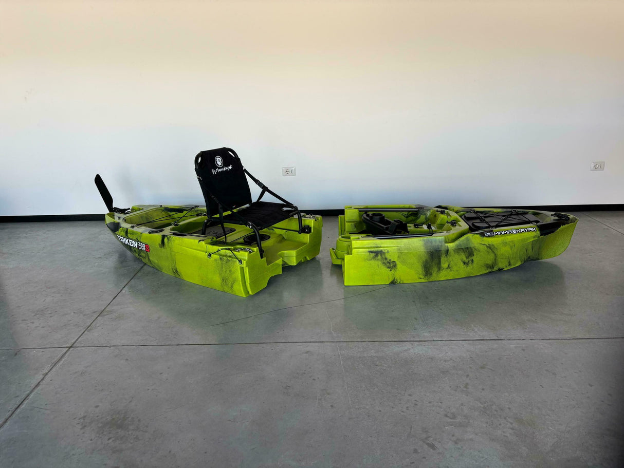 canoa monoposto divisibile a pedali con elica BIG MAMA KAYAK TRIKEN 330 LIVE S componibile + motore Bixpy K1 Outboard Kit con batteria PP-378 Wh v4 + Adattatore centrale vano copripedali