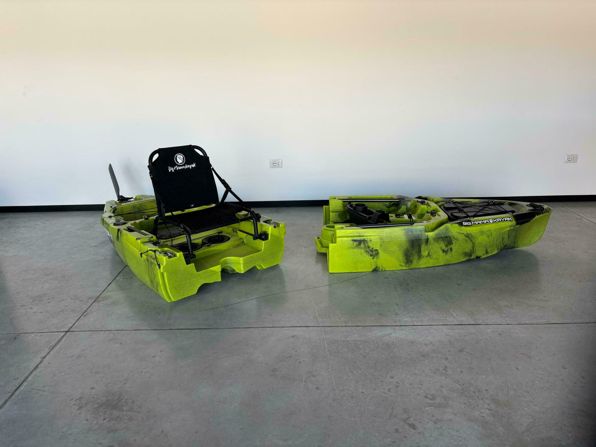 canoa monoposto divisibile a pedali con elica BIG MAMA KAYAK TRIKEN 330 LIVE S componibile + motore Bixpy K1 Outboard Kit con batteria PP-378 Wh v4 + Adattatore centrale vano copripedali