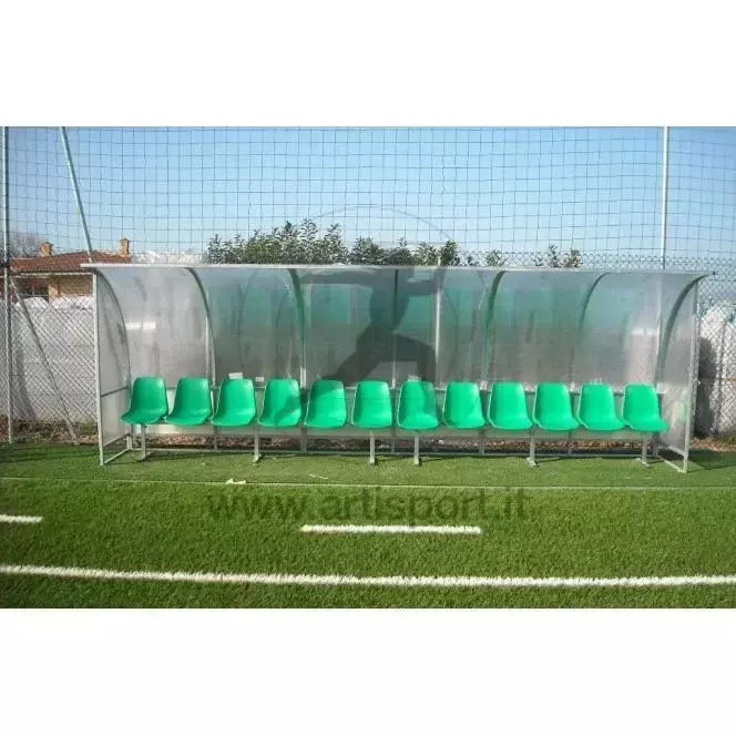 Af1502/12 Panchina Allenatori Lunghezza 6 Metri ( 12 Posti) Panchina Da Calcio Copertura In Policarbonato Alveolare Tetto Curvo Seduta In Scocche Di Pvc