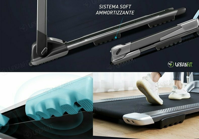 Super Soft Urban Fit Tapis Roulant Slim Richiudibile Compatto In Soli 21 Cm- Vel. 14km/h Autolubrificante- Super Ammortizzato Versione Bluetooth Compatibile Zwift E Kinomap Nastro di corsa: 125 x 43 cm Velocità da 1 a 14 km/h. Peso massimo 100 kg