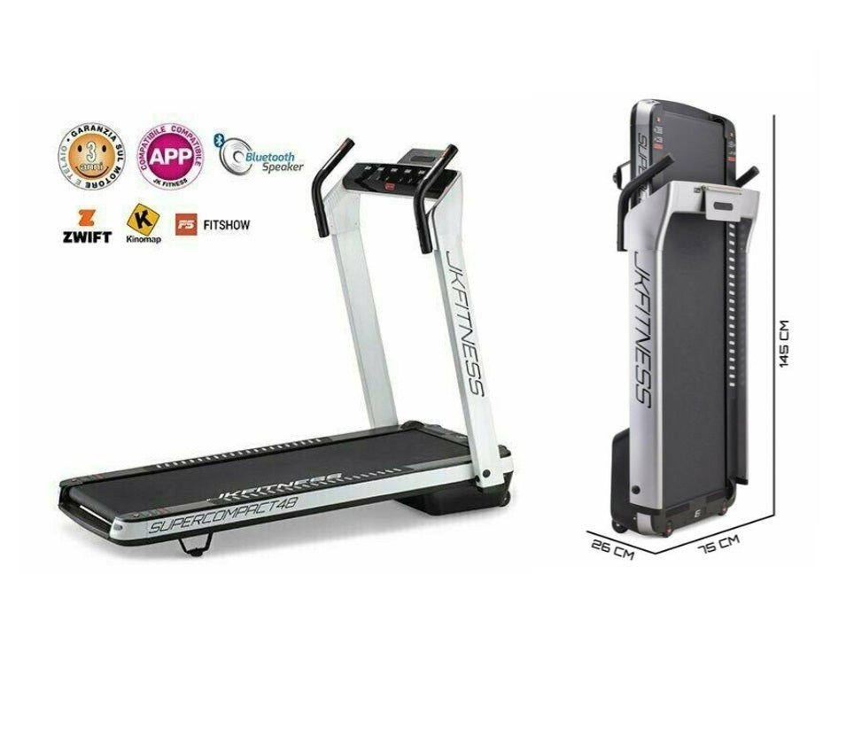 Tapis Roulant Jk Fitness Supercompact 48 Compatibili Zwift E Kinomap - Velocità 16 Km/h - Motore 2.0 Hp - Peso Max Utente 120 Kg Cod.sc-48 Silver