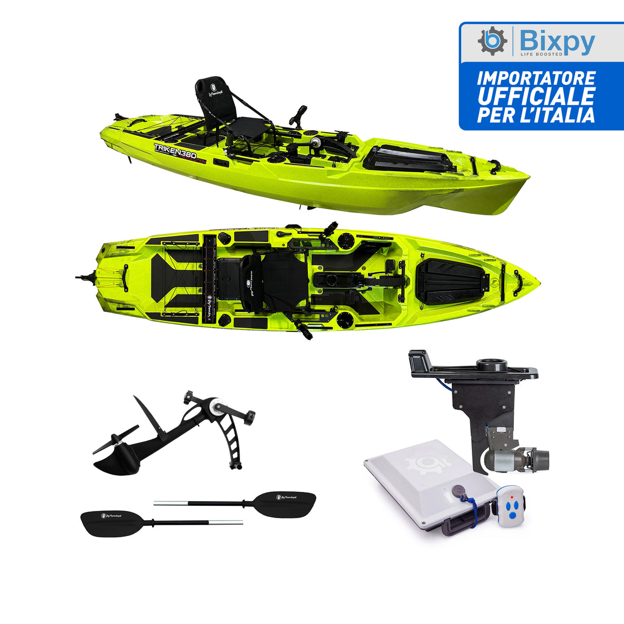 BIG MAMA KAYAK A PEDALI TRIKEN 380 Revolution + motore elettrico BIXPY K1 Outboard Kit con batteria PP-378 Wh v4 + Adattatore centrale Hoodoo Pedal Drive